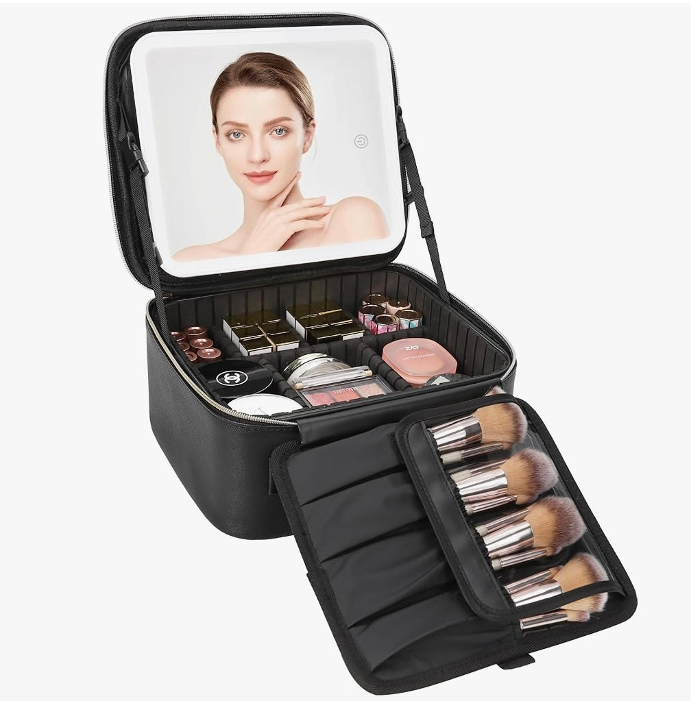Bolsa de maquillaje con espejo LED portátil