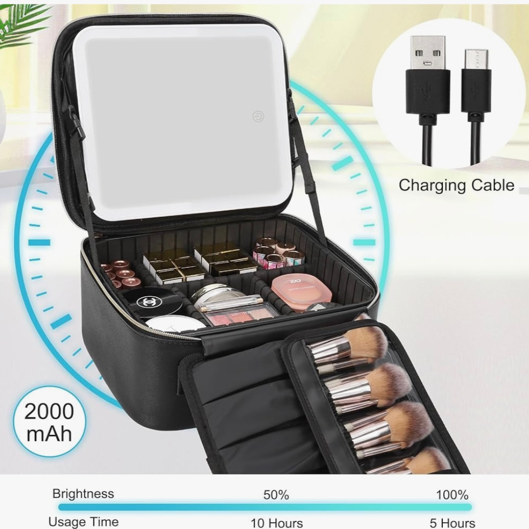 Bolsa de maquillaje con espejo LED portátil