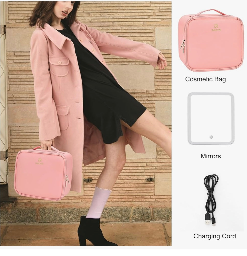 Bolsa de maquillaje con espejo LED portátil
